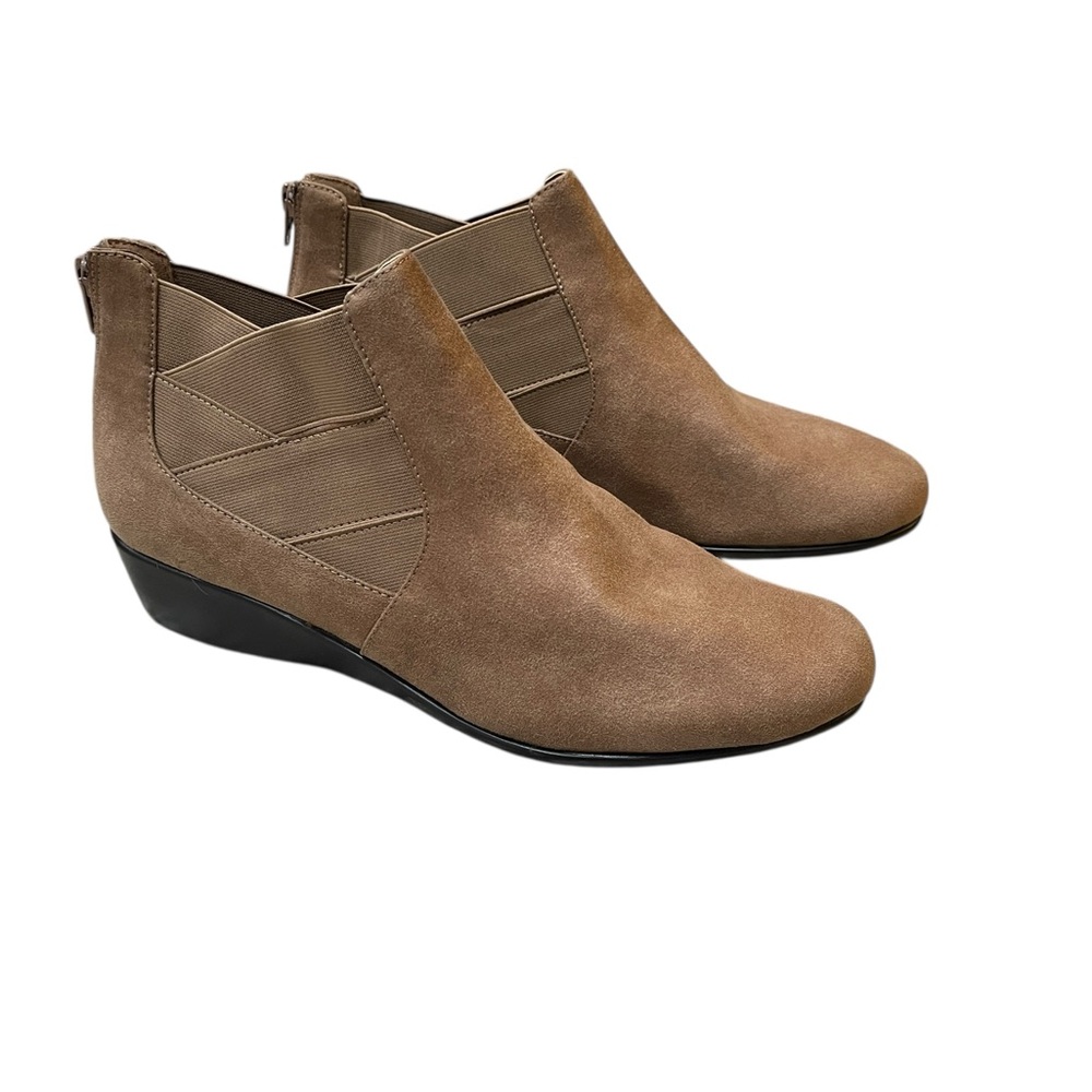 A2 by Aerosoles Taupe Suede Ankle Booties – Comfort Wedge Zip Back
